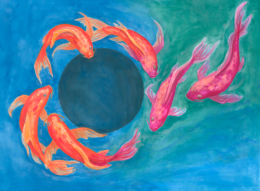 Ink painting, Koi Around