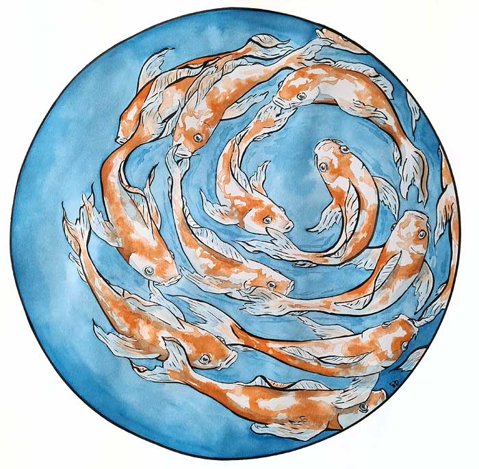 Koi Around 2 - ink painting on white paper